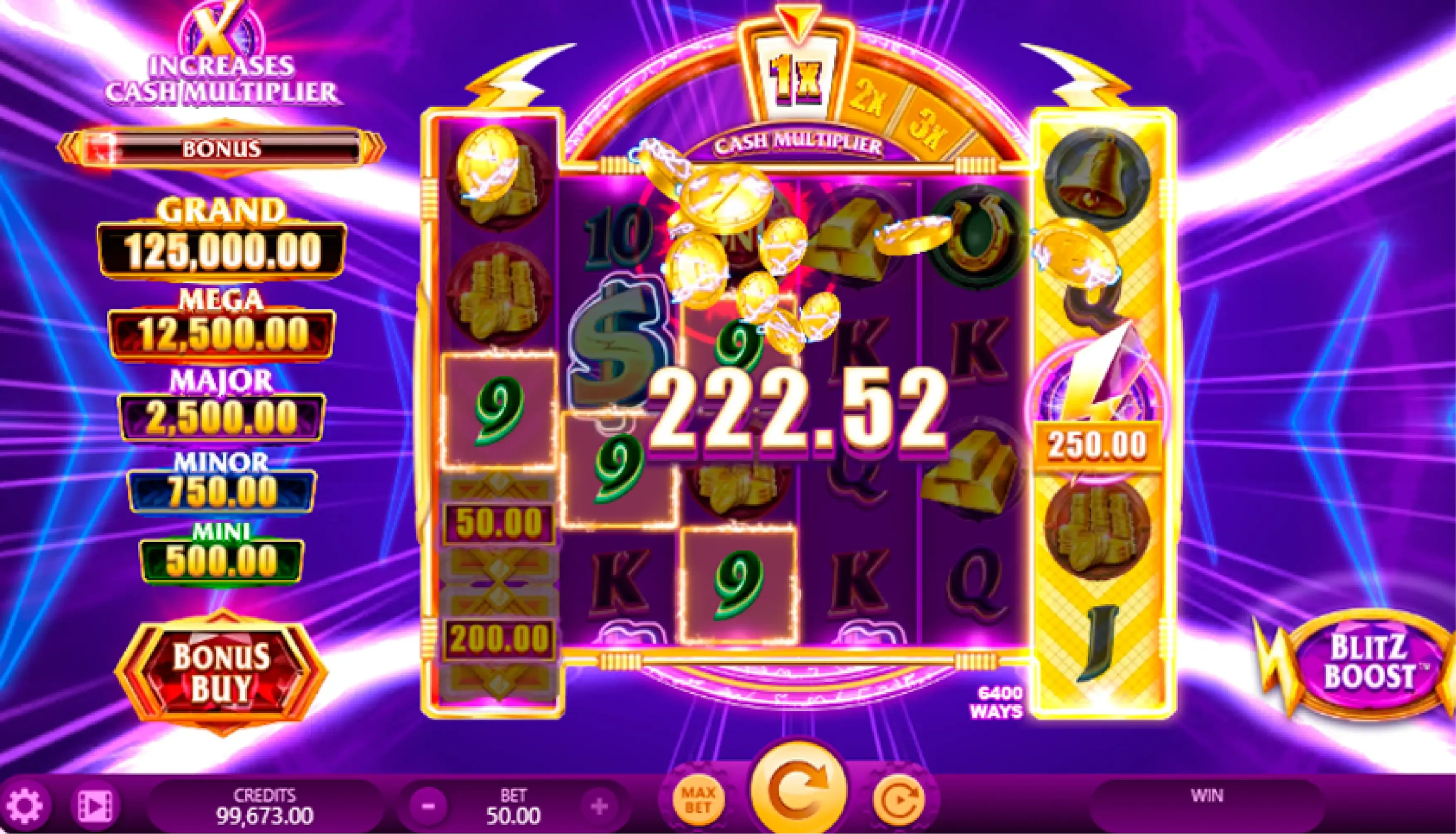 Modo Gold Blitz com coleta de dinheiro e jackpot ativado no Esportes da Sorte