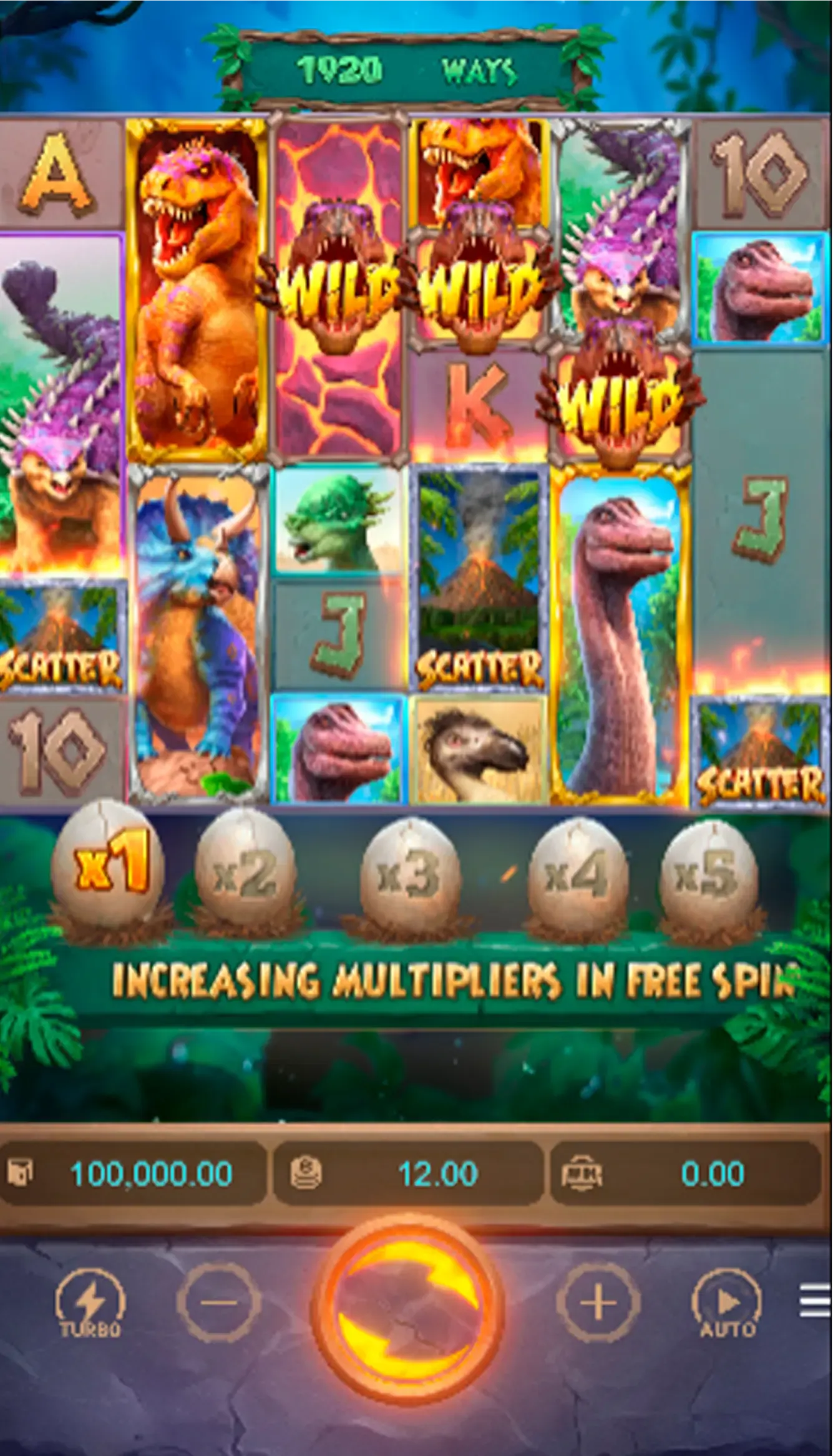 Slot Jurassic Kingdom com multiplicador ativo e T-Rex no Esportes da Sorte