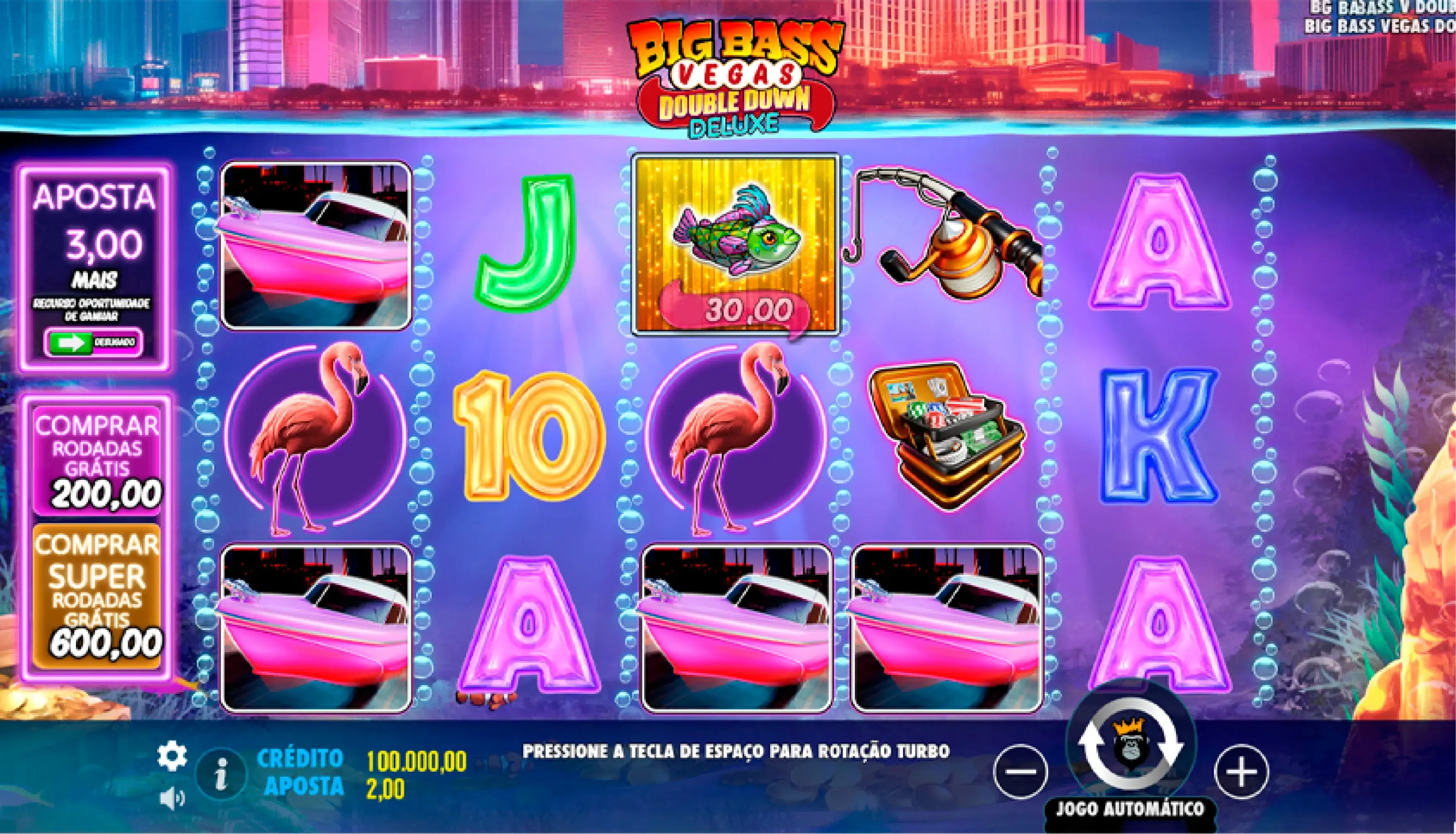 Tela do jogo Big Bass Vegas Double Down Deluxe com bônus ativado no Esportes da Sorte